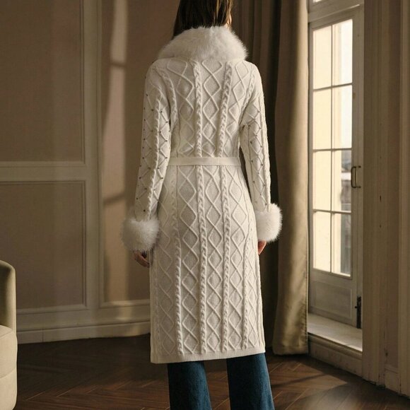 Beige Casual Women's Fur Collar Rhinestone Knitted Belted Cardigan - Picture 2 of 6